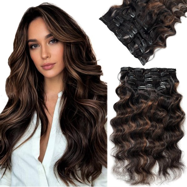 Curly Clip in Hair Extensions Seamless Clip in Hair Extensions Remy Human Hair Ombre Natural Black to Chestnut Brown Hair Extensions Invisible PU Skin Weft Soft Natural Clip ins（18in）