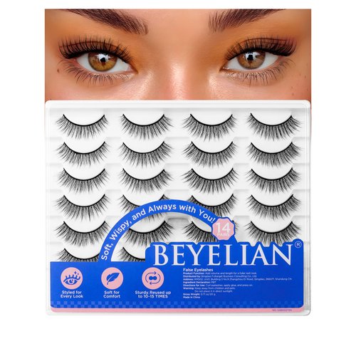 BEYELIAN False Eyelashes 14 Pairs Eye Lashes 6-14mm Strip Lash pack Soft 3D Volume Faux Mink Lashes That Look Like Extensions C142