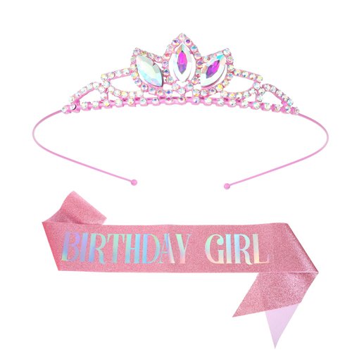Gjinxi Birthday Crown for Women with Sash Birthday Tiara Girl Headband, Pink Birthday Sash and Tiara for Women, Princess Rhinestone Birthday Girl Headband, Pink Birthday Accessories for Girl
