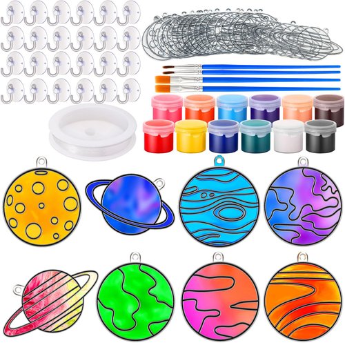 Cholemy 24 Sets Planet Sun Catcher Kit Include Suncatcher Craft with Paints Suction Cups Fishing Thread, Planet DIY Window Art Kit Paintable Suncatchers Decorations for Gifts