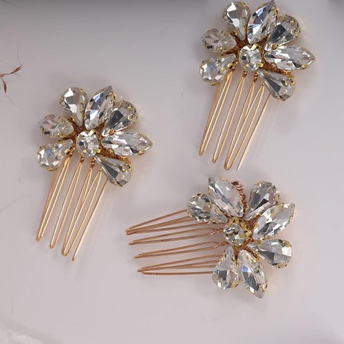 Rumtock 3pcs Ruby Red Crystal Sparkle Cute Hair Comb for Brides Bridesmaid Flower Girl Hair Styling Hair Accessories Prom Girls Banquet Women (Gold)