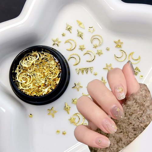 1 Box Gold Nail Charms Nails Art Studs 3D Star Moon Nail Charms Metallic Studs Rhinestones Star Nail Jewelry Decorations Manicure Kit Nails Art Supplies Accessories for Women Girls Acrylic Nails