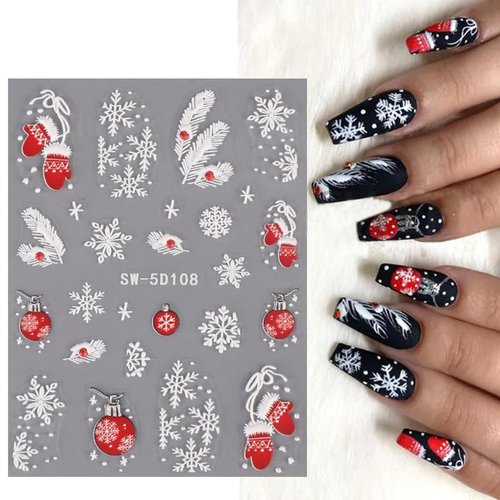 Christmas Nail Art Stickers Decals 5D Embossed Snowflake Nail Decals Self-Adhesive Red Gloves Feather Bells Nail Design Xmas Nail Art Supplies Sticker for Christmas Manicure Nail Art Decorations 3PCS