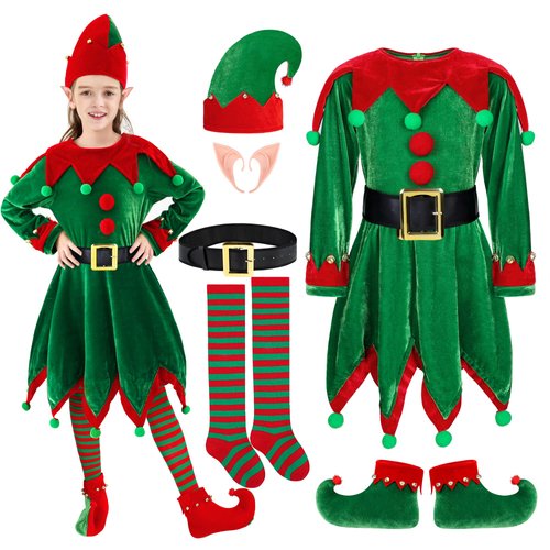 SOMSOC 6 Pack Girls Christmas Elf Costume Set Velvet Dress with Elf Hat Shoes Ears Belt Striped Over Knee High Socks