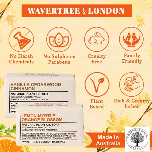Wavertree & London Duo Gift Box (2 Bars) - 7oz Lemon Myrtle, Orange Blossom and Vanilla Cedarwood Scented Triple Milled Natural Soap Bars - Pure Plant Oil Soap Bars for All Skin Types