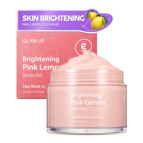 GLAM UP Brightening Pink Lemon Clay Mask - Vitamin C, Bentonite and Kaolin Clay Face Mask for Dark Spots- Deep Cleansing Pink Clay Mask for Face and Body - Vegan, Cruelty Free (125ml/4.23 Oz)