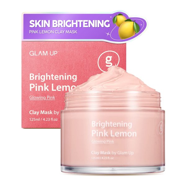 GLAM UP Brightening Pink Lemon Clay Mask - Vitamin C, Bentonite and Kaolin Clay Face Mask for Dark Spots- Deep Cleansing Pink Clay Mask for Face and Body - Vegan, Cruelty Free (125ml/4.23 Oz)