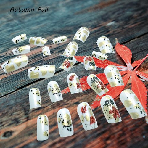 24Pcs Fall Press on Nails Short Maple Leaf and Letter with Designs, Full Cover Fake Nails Glossy Autumn Nail Tips Medium Square Shaped for Women Girls Nails Supplies Thanksgiving Decorations
