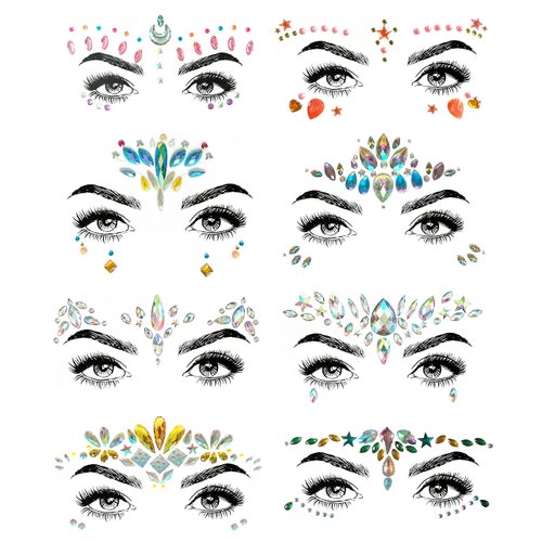 SHINEYES 8 PCS Mermaid Face Gems Glitter,Rhinestone Rave Festival Face Stickers Jewels, Crystals Face Stickers for Eyes Face Body Temporary Tattoos