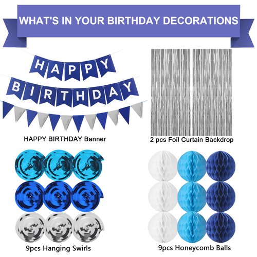 Birthday Decorations for men- Happy Birthday decorations | Banner | Sign,Blue Birthday Party Decorations for boys,include riangle flags ，Foil Curtain Backdrop， Hanging Swirls，Honeycomb Balls(blue5)