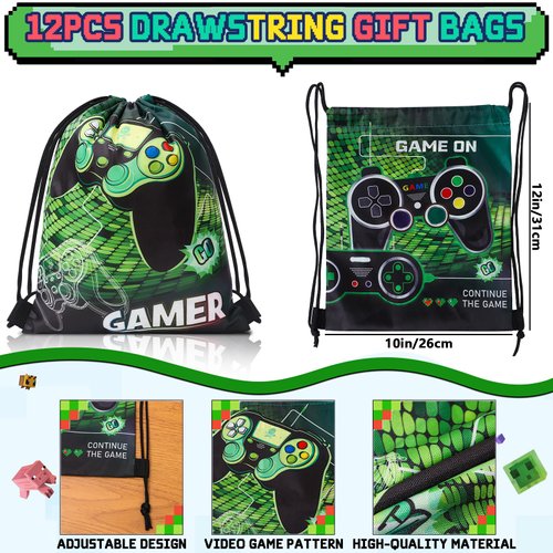 Winrayk 12 Sets Video Game Party Favors Gamer Birthday Supplies, Gaming Drawstring Bags Glow In The Dark Tattoos Stickers, Video Game Gifts Toys Game On Goodie Bag Stuffers Gamer Party favors Supplies