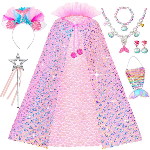 DOLNOW Princess Dress up for Little Girls, Mermaid Princess Cape Girls Sequins Princess Cloak for 3-6 Years Girls Gift Toys