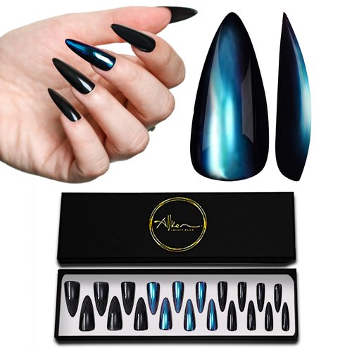 Allkem Black Fusion Purple Chrome Sculpted Stiletto Press on Nails | Glossy Long Stiletto| 10 sizes - 20 pcs Nail kit with Glue