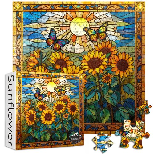 Stained Glass Puzzles for Adults 1000 Pieces and up, PICKFORU Sunflowers Puzzle as Home Decor, Butterfly Flower Puzzles as Home Decor