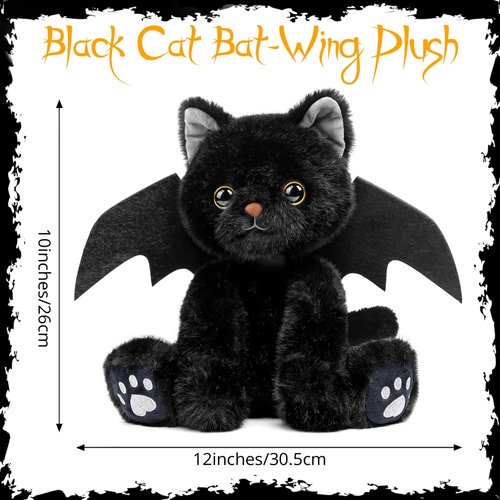 RUODON 10 Inch Black Cat Plush Toy with Bat Wings Stuffed Animal Cat Toy Realistic Kitten Dolls Soft Animal Toys for Halloween Decorations Birthday Gifts
