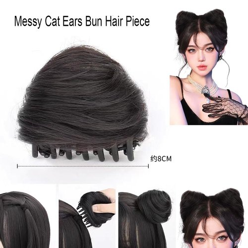 YLOIJO 2Pcs Mini Claw Clip in Hair Bun Messy Cat Ears Space Bun Hair Piece Extensions Wig Curly Donut Wig Accessory Chignon Synthetic Hairpieces Updo Hair Accessories for Women Girls