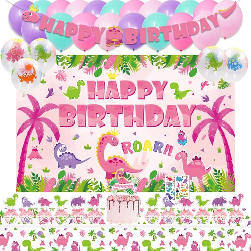 Mpanwen Girl Dinosaur Birthday Party Supplies, Pink Dinosaur Dino Party Decorations for Girls Baby - Backdrop, Banner, Cake, Cupcake Toppers, Cupcakes Wrappers, Balloons and Tablecloth
