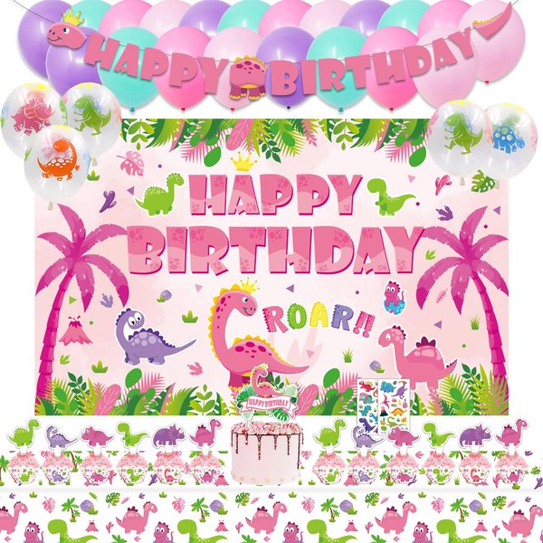 Mpanwen Girl Dinosaur Birthday Party Supplies, Pink Dinosaur Dino Party Decorations for Girls Baby - Backdrop, Banner, Cake, Cupcake Toppers, Cupcakes Wrappers, Balloons and Tablecloth