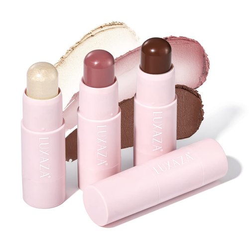 LUXAZA 3PCS Cream Blush Highlighter Bronzer Contour Stick, Face Make up Kit Sticks for Girls and Women #HCB2 Medium to Dark