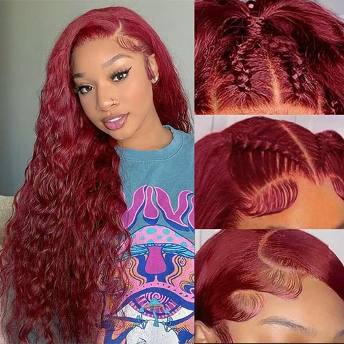 Miss Alle Burgundy Lace Front Wigs Human Hair 13X4 180% Density Water Wave Lace Front Wigs for Women Human Hair Glueless Red Colored Curly Lace Front Wig Pre Plucked Bleached Knots 28inch