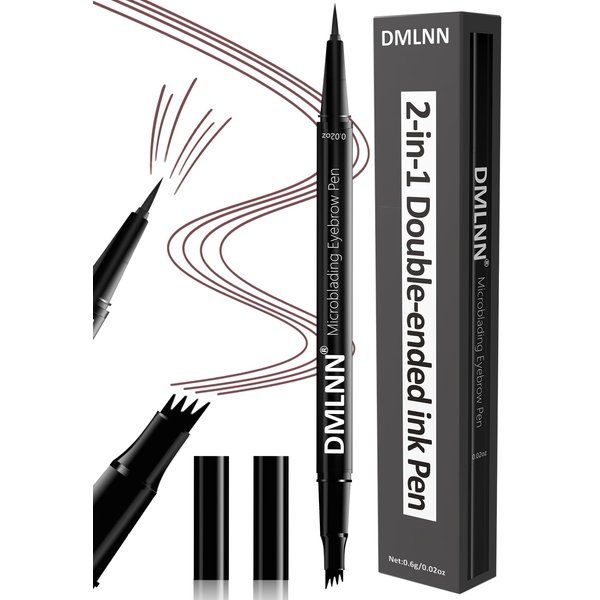 DMLNN 2-in-1 Double-ended ink Pen with 4 Tips and Ultra Fine Pencil, 3D Waterproof Long-Lasting Dual-Ended Eyebrow Pencil Creates Natural Eyebrow Shape and Holds All Day Long-Red Brown
