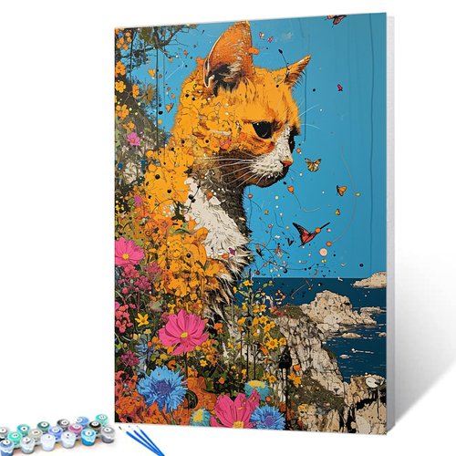 Beautiful Yellow Cat and Flowers Paint by Numbers for Adults,Beautiful Butterfly DIY Acrylic Modern Painting by Numbers for Kids Beginners 16x20 inch Painting Craft On Canvas Home Decor(without frame)