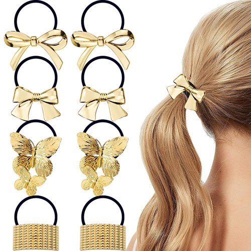 8PCS Bow Metal Hair Tie Gold Geometric Hair Cuffs for Ponytails, Gold Hair Accessories Stretchy and Non-Damage Ponytail Holders for Thick Hair