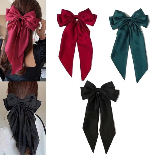 Christmas Hair Clips for Women 3 Pcs Satin Hair Bows Hairpins French Hair Barrettes with Long Tail Ribbon Oversized Hair Accessories for Christmas Birthday Party Gifts, 3 Colors