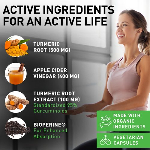 120 Capsules of USDA Organic Turmeric Root Powder, USDA Organic Ginger Powder and Apple Cider Vinegar Powder with Curcumin (95% Curcuminoids) and Bioperine, 1410 mg per Serving in Veggie Capsules
