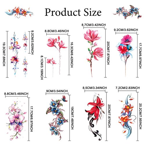 Fssqii 8 Sheets Sexy Flowers Temporary Tattoos for Women 3D Realistic Flowers for Chest Waist Back Body Apply False Tattoos for Girl Colorful Creative Art Tattoo Stickers for Girls or Kids