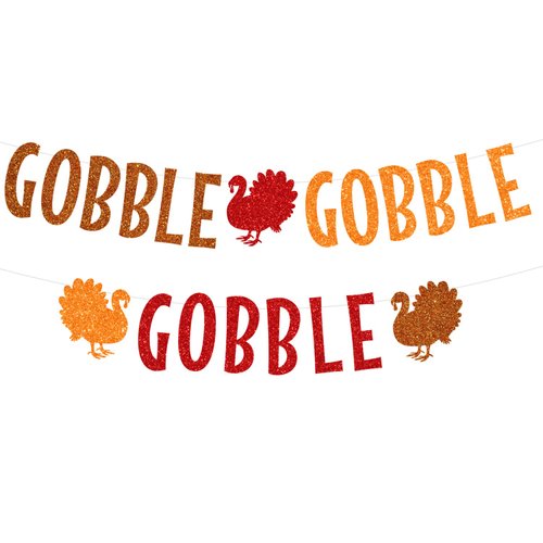 PTFNY Glittery Gobble Gobble Banner Thanksgiving Banner Garland with Turkey Signs for Fall Thanksgiving Day Party Decorations Turkey Decorations Friendsgiving Party Supplies