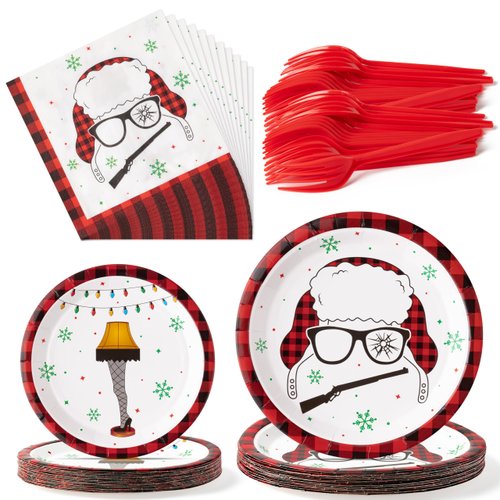 BHronony Christmas Plates Napkins Tableware - 96pcs Funny Xmas Movie Party Forks Dinnerware Set Decorations Supplies, Winter Story Themed Disposable Tableware Favor for Christmas Holiday (24 Guests)