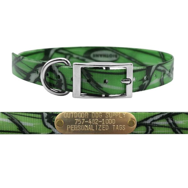 Outdoor Dog Supply's 3/4" Wide Pattern D Ring Dog Collar Strap with Custom Brass Name Plate (Green Camo)