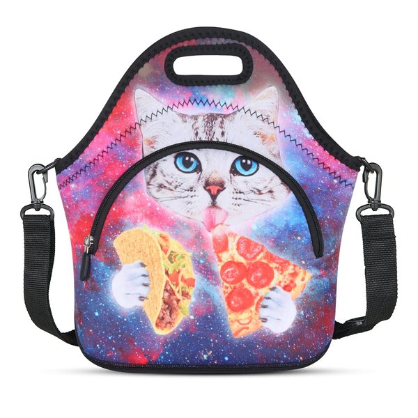 Violet Mist Neoprene Lunch Bags with Shoulder Strap Lunch Totes for Women Insulated Lunch Handbag Thermal Lunch Box Reusable Gourmet Bento Bag Pocket Zipper for Work Picnic Travel Gifts, Cat Pizza 2