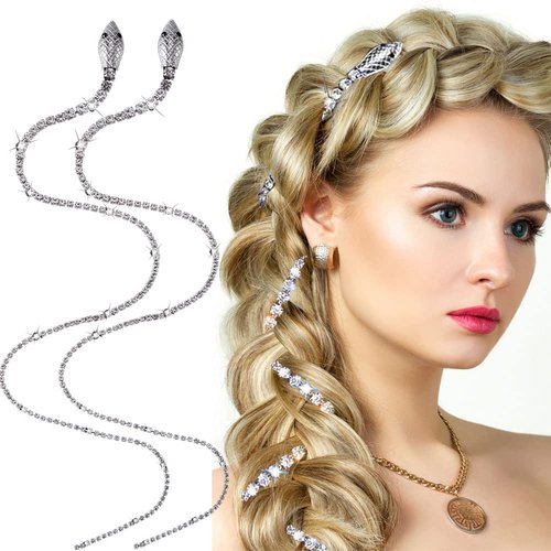 2 PCS Full Rhinestone Snake Hair Chains Sparkle Long Tassel Crystal Headband Hair Accessories Jewelry, Punk Tassel Hair Clips Silver Decorative Hair Clips for Women Girls Wedding Party Nightclub Party