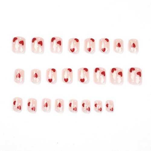 Square Press on Nails Short Fake Nails with Heart Design Nude False Nails Full Cover Acrylic Artificial Nails Glossy Glue on Nails Stick on Nails for Women Manicure Decoration 24Pcs