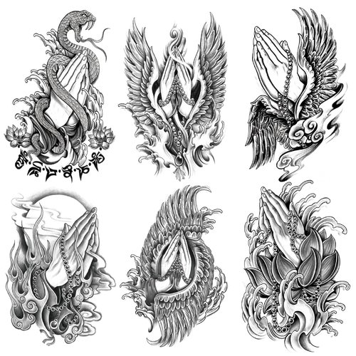 Oottati 6 Sheets Arm Waterproof Temporary Tattoos Black Snake Wing Buddha Beads Lotus Pray Hand