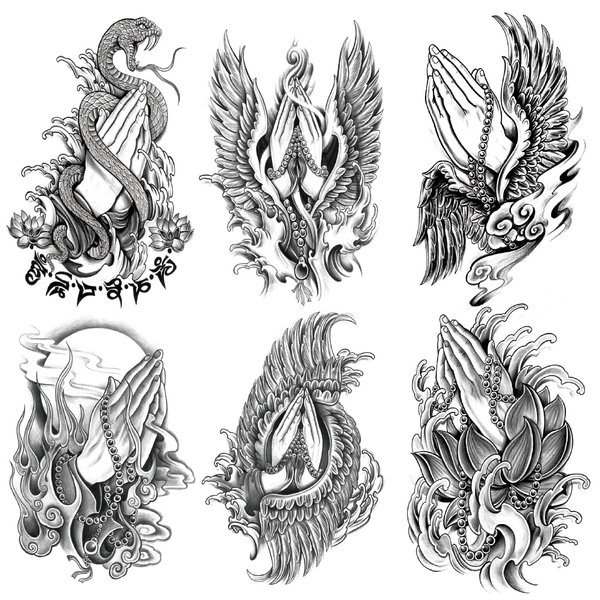 Oottati 6 Sheets Arm Waterproof Temporary Tattoos Black Snake Wing Buddha Beads Lotus Pray Hand