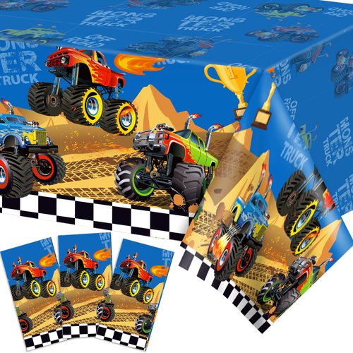 Adirasenotek 3Pcs Trucks Plastic Party Tablecloths for Party Decoration,87" Lx54 W Rectangular Plastic Table Covers,Kids' Party Disposable Tablecloths for Decoration,Birthday Party,Baby Showers