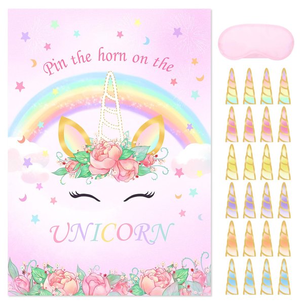 JOARHONAL Pin The Tail on The Unicorn Game - Unicorn Birthday Party Games for Girls Unicorn Party Supplies with 24 PCs Horn Stickers and 20'' x 28'' Unicorn Poster