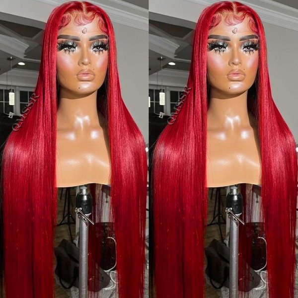 QMSSR Synthetic Lace Front Wig Red Long Straight Lace Front Wigs for Black Women Heat Resistant Fiber Hair Glueless Lace Wigs Pre Plucked Hairline