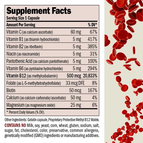 ANDREW LESSMAN Vitamin B12 500 720 Capsules – Absorption-Protected Methylcobalamin (Natural Coenzyme Vitamin B12), Essential for Energy & Stress Support, Plus B-Complex, Easy to Swallow Capsules