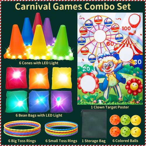 5 in 1 33Pcs Carnival Games, LED Bean Bag Game Sets Party Supplies, Ring Toss Yard Lawn Backyard Outdoor Games, Banner, LED Bean Bag, LED Cones Set, Children's Indoor Play, Kids Party Cornhole Set