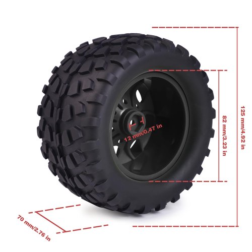Hosim 70 * 125 mm RC Tires, All Terrain Soft Tire Mounted on 12mm Hex Wheels (Set of 4) for 1/10 RC Cars (Black Wheel hub)