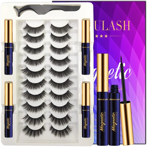 AkesuLash Magnetic Eyelashes Magnetic Lashes Natural Looking,10 Pairs Reusable Magnetic Eyelash kit with Applicator - Upgraded Long Lasting,- Easy Magnetized Eyelashes (4 Tube of Liner)