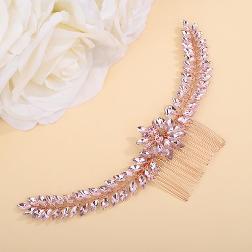 Teyglen Crystal Wedding Hair Comb Headband Red Blue Pink Rhinestone Flower Headpiece Handmade Crystal Hair Piece Bridal Hair Side Comb Wedding Hair Accessories for Women Bride Girls (Pink)