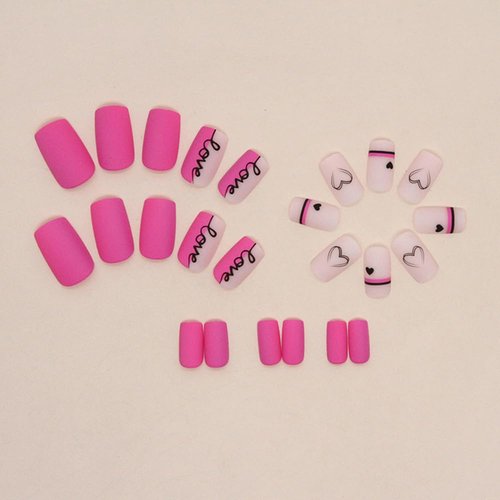 24Pcs Valentine's Day Press on Nails Pink Square Fake Nails Full Cover with Black Love Design Glossy Glue on Nails Artificial False Nails Supplies Charms Acrylic Nails Decoration for Women Nail Art
