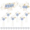 Dizila 20 Pieces Bridal Wedding Party Prom Rhinestone Pearl Light Blue Flower Hair Side Combs Slides+U-shaped Flower Hair Pins+Twist Spiral Pearl Hair Pins Headpieces for Brides Bridesmaids Women Girl