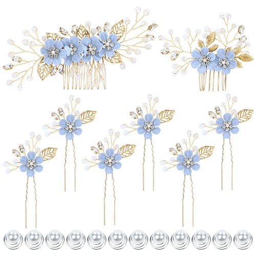 Dizila 20 Pieces Bridal Wedding Party Prom Rhinestone Pearl Light Blue Flower Hair Side Combs Sli...