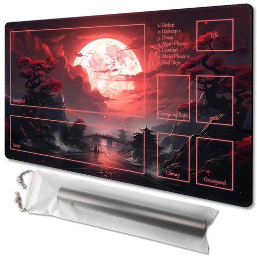 MTG Playmat Size 24x14in Free Storage Bags Non-Slip Backing Printing, Ideal for Card Game Enthusiasts TCG Playmat Mouse Pad (with Zone,Blood Moon Secrets)
